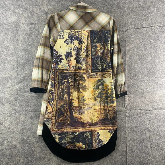 Soft Surroundings Button-Up XS Petite Tan Plaid Printed Tunic - Picture 2 of 8